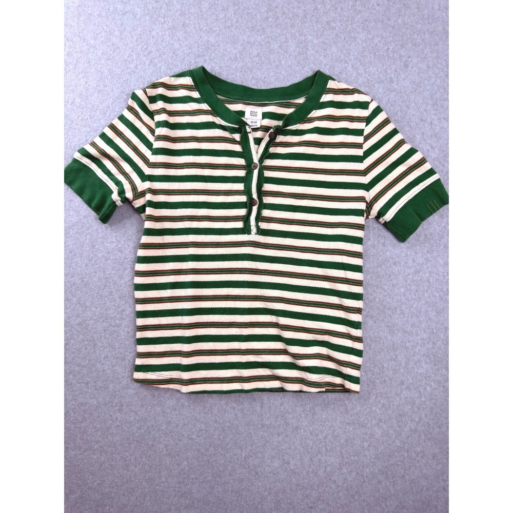 BDG Urban Outfitters Green Cream Striped Henley Short Sleeve Cotton Top Medium